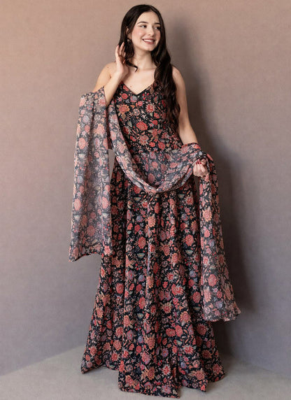 Brown Organza Printed Work Party Wear Readymade Gown With Dupatta SW330535