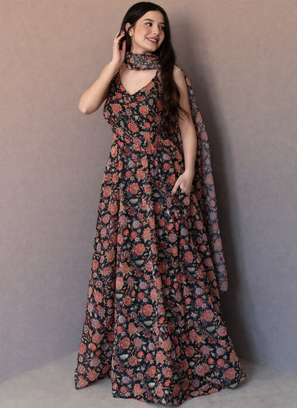 Brown Organza Printed Work Party Wear Readymade Gown With Dupatta SW330535