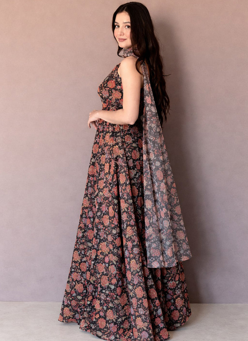 Brown Organza Printed Work Party Wear Readymade Gown With Dupatta SW330535