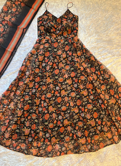 Brown Organza Printed Work Party Wear Readymade Gown With Dupatta SW330535