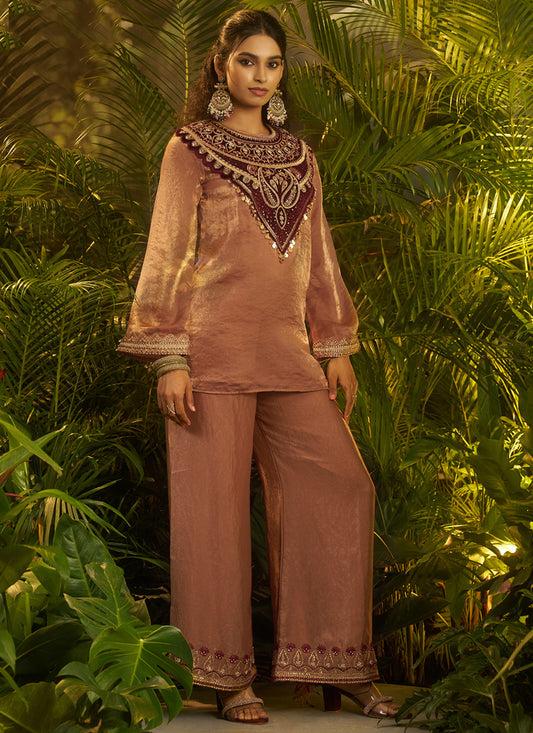 Organza Brown Wedding Wear Embroidery Work Readymade Plazzo Suit 390818