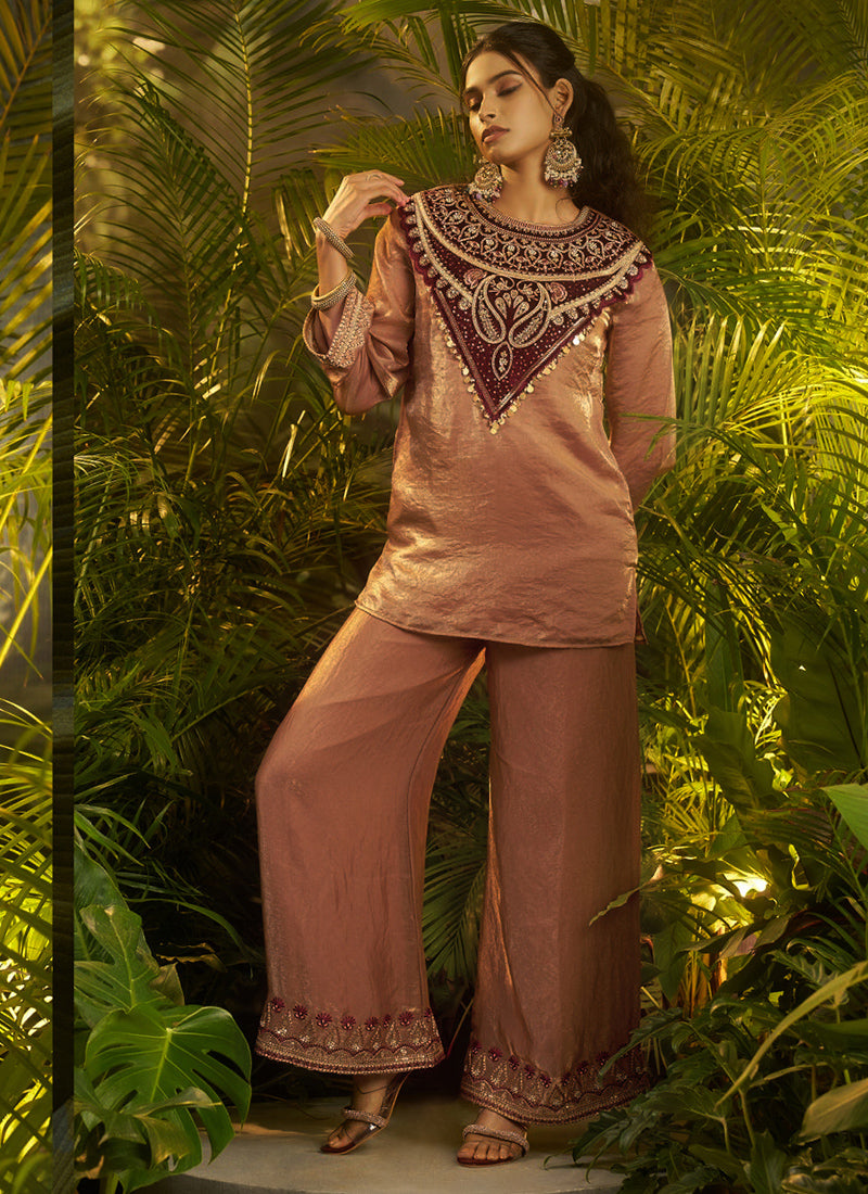 Organza Brown Wedding Wear Embroidery Work Readymade Plazzo Suit 390818