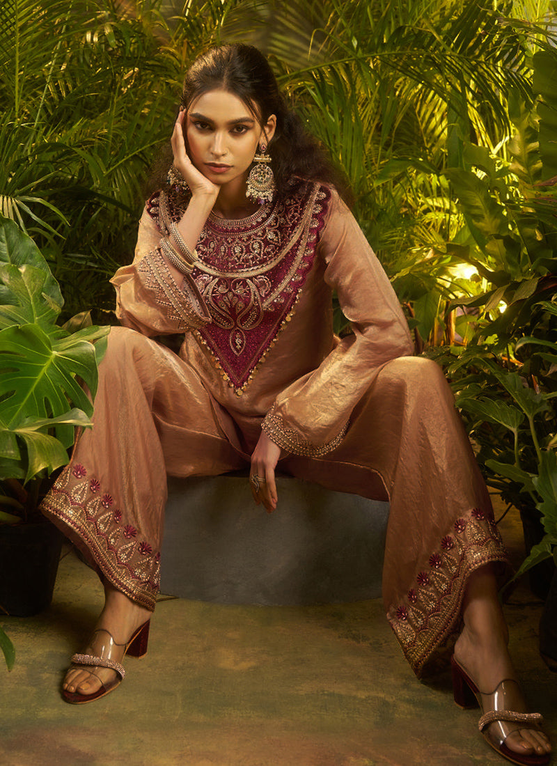 Organza Brown Wedding Wear Embroidery Work Readymade Plazzo Suit 390818