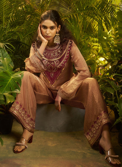 Organza Brown Wedding Wear Embroidery Work Readymade Plazzo Suit 390818