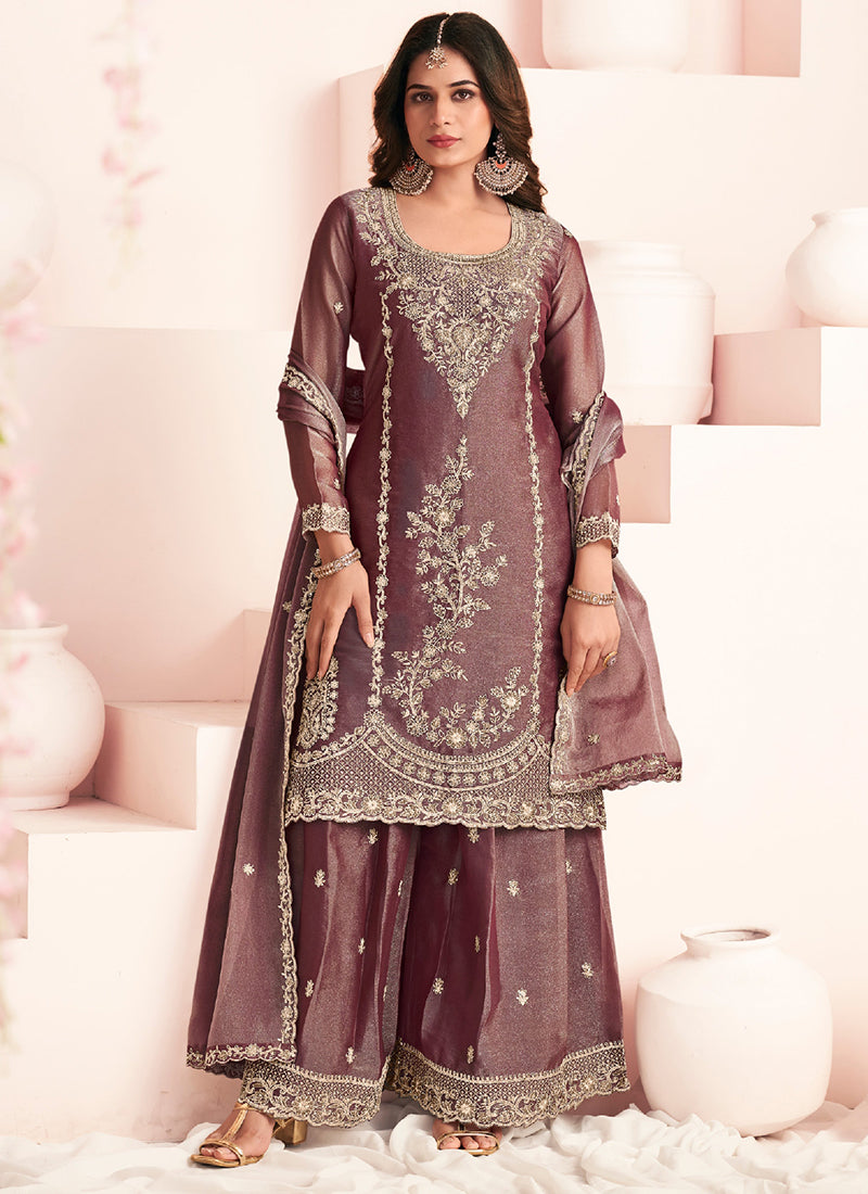 Brown Silk Embroidery Work Occasional Wear Readymade Plazzo Suit SW770151