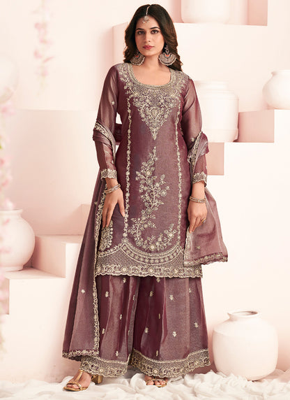 Brown Silk Embroidery Work Occasional Wear Readymade Plazzo Suit SW770151