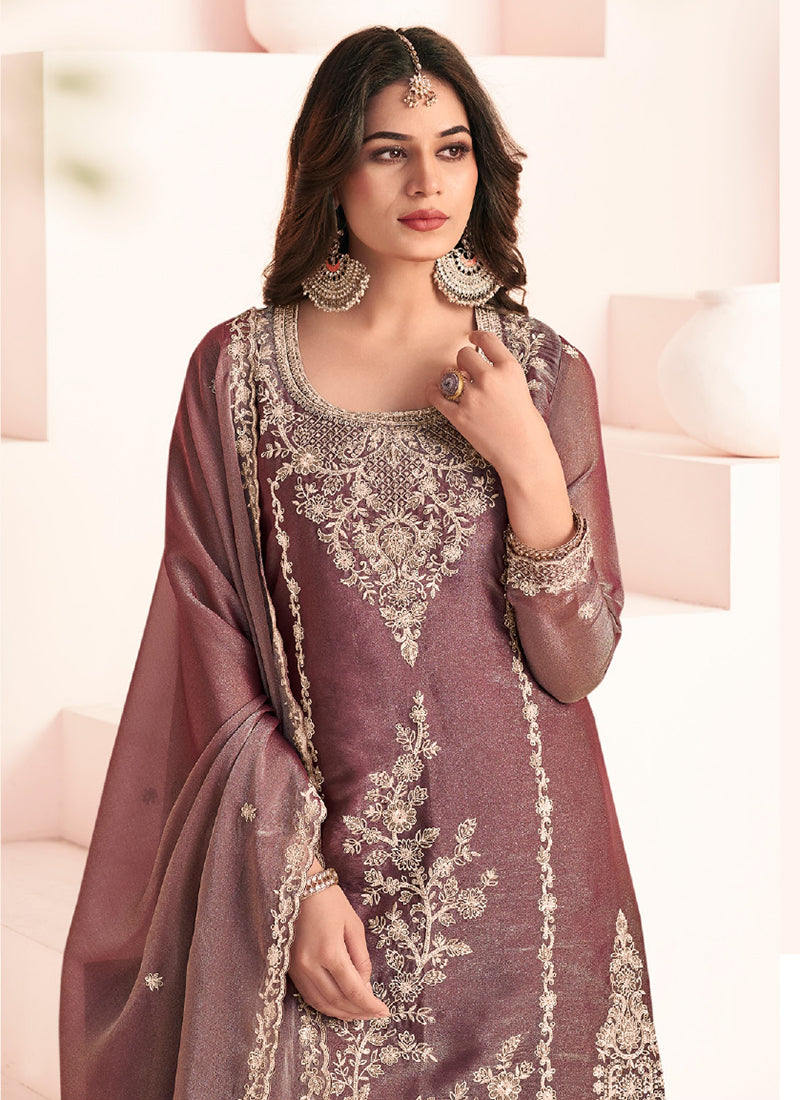 Brown Silk Embroidery Work Occasional Wear Readymade Plazzo Suit SW770151