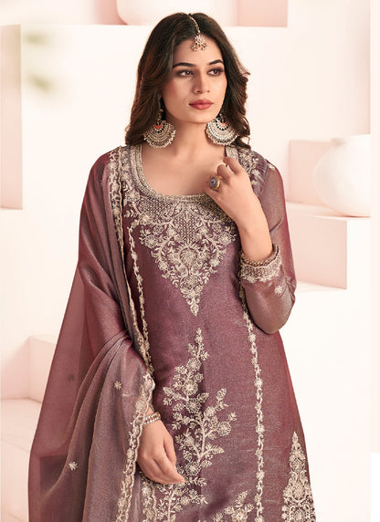 Brown Silk Embroidery Work Occasional Wear Readymade Plazzo Suit SW770151