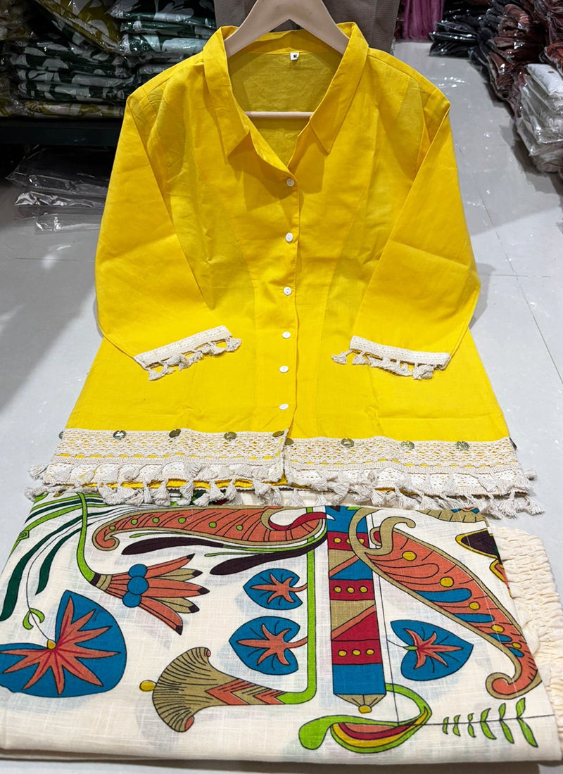 Cotton Slub Yellow Designer Wear Printed Work Readymade Top With Plazzo 383788