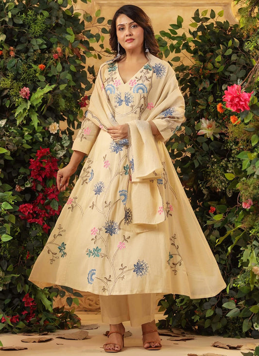 Viscose Cream Festival Wear Embroidery Work Readymade Anarkali Suit 386866