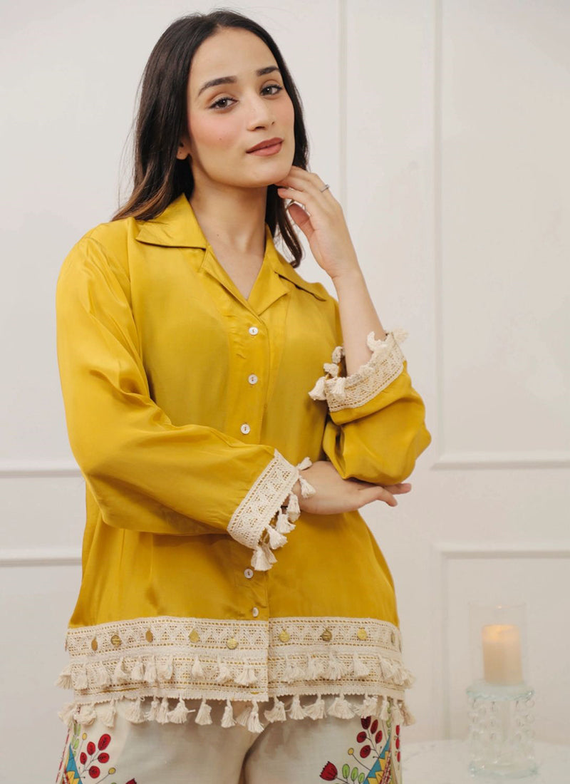 Cotton Slub Yellow Designer Wear Printed Work Readymade Top With Plazzo 383788
