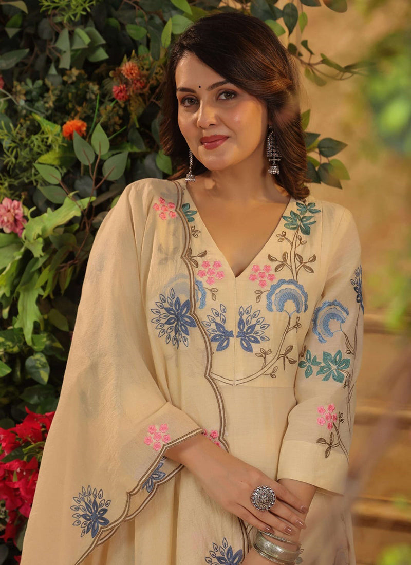 Viscose Cream Festival Wear Embroidery Work Readymade Anarkali Suit 386866