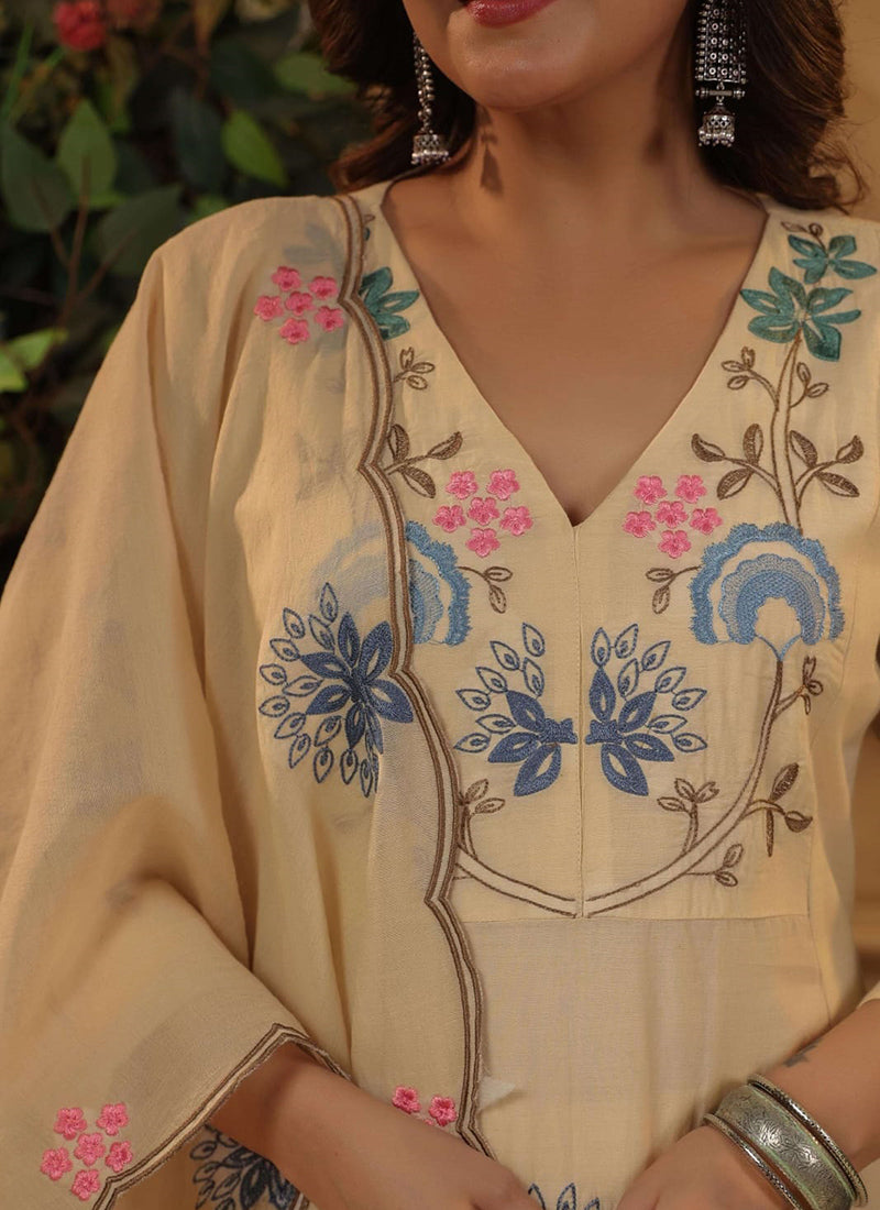 Viscose Cream Festival Wear Embroidery Work Readymade Anarkali Suit 386866