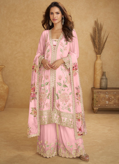 Chinon Baby Pink Designer Wear Embroidery Work Readymade Plazzo Suit 386639