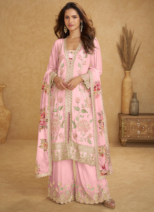 Chinon Baby Pink Designer Wear Embroidery Work Readymade Plazzo Suit 386639