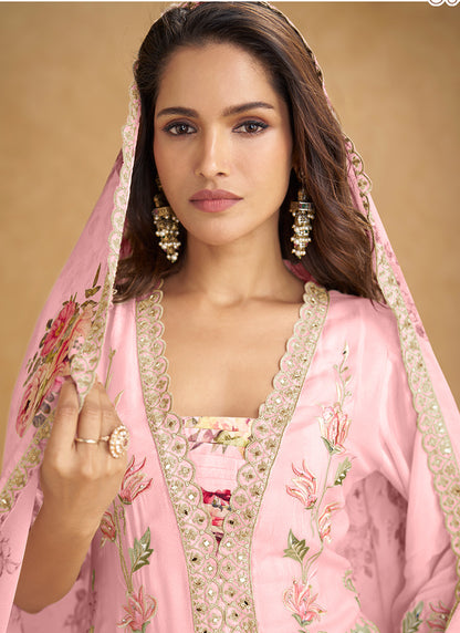 Chinon Baby Pink Designer Wear Embroidery Work Readymade Plazzo Suit 386639