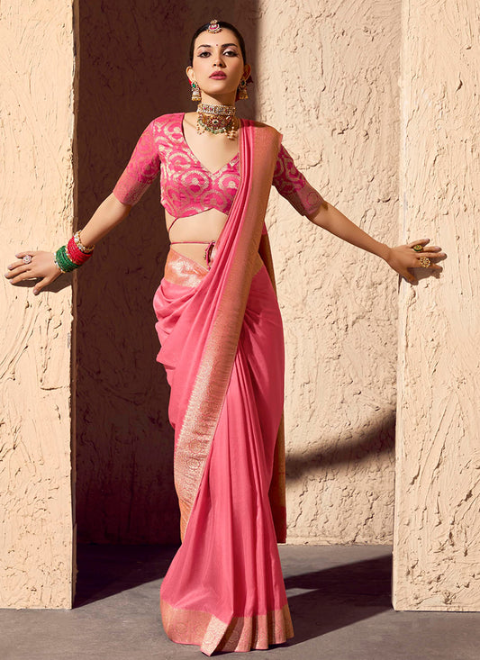 Crepe Georgette Baby Pink Party Wear Weaving Work Saree 386533