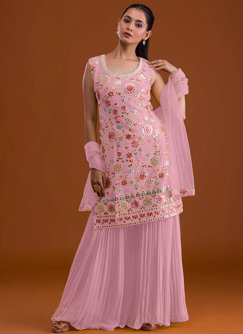 Faux Georgette Baby Pink Festival Wear Thread Embroidery Work Sharara Suit 382771