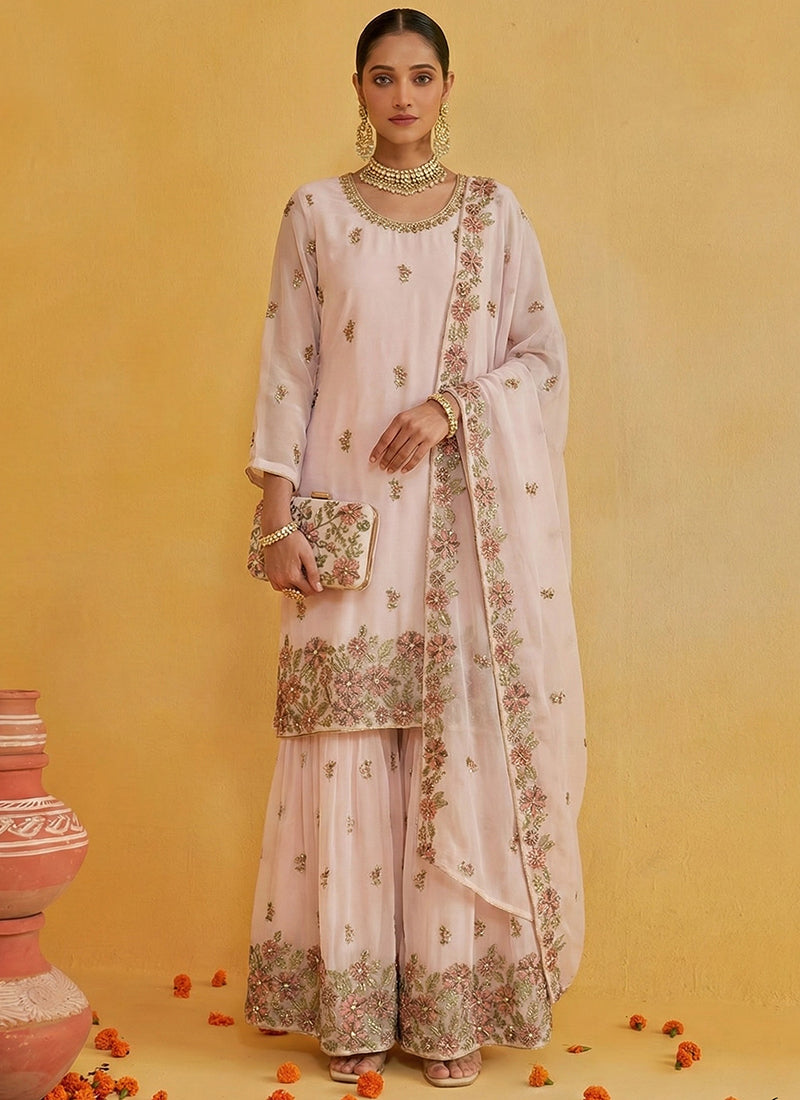 Baby Pink Georgette Embroidery Work Party Wear Readymade Sharara Suit SW792957
