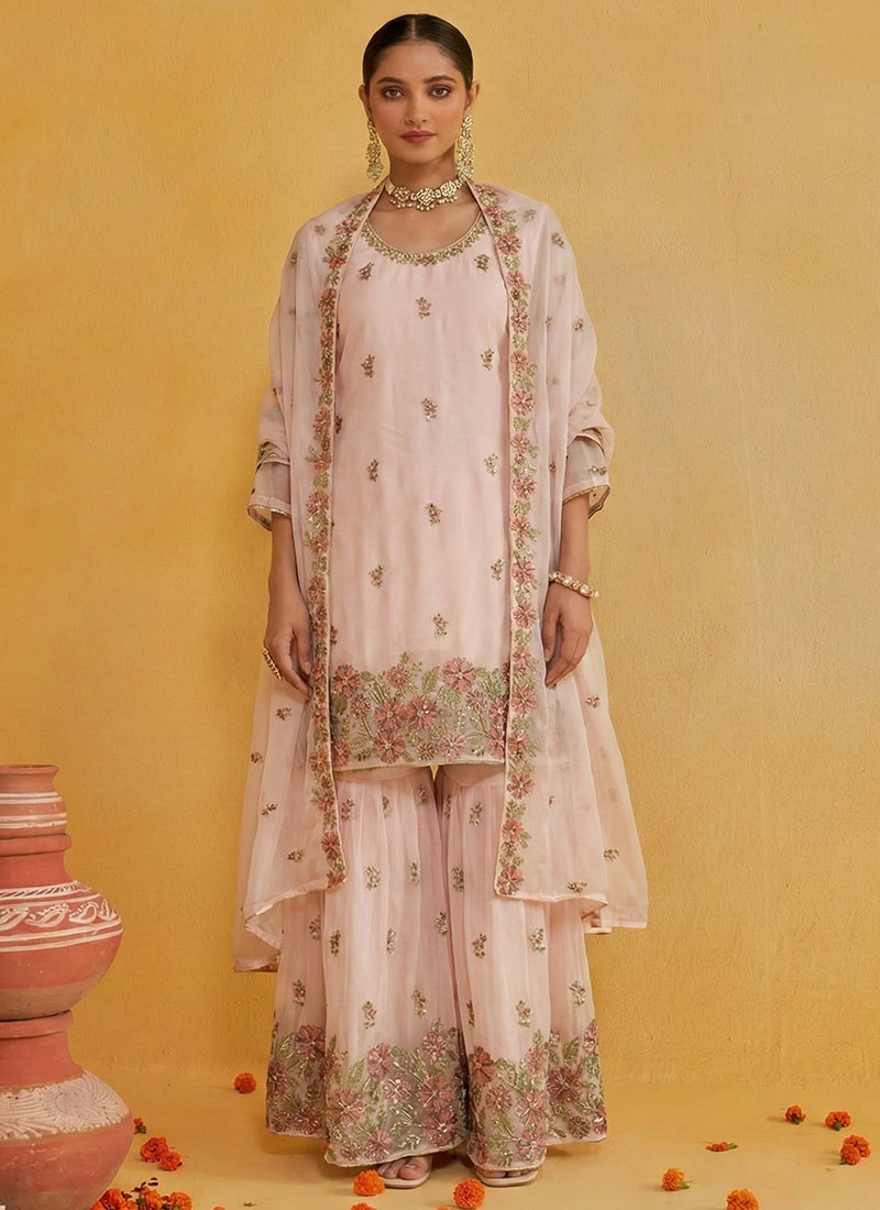 Baby Pink Georgette Embroidery Work Party Wear Readymade Sharara Suit SW792957