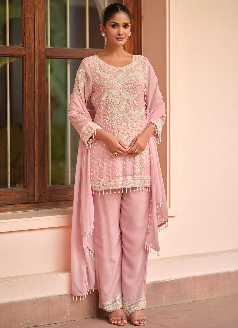 Georgette Baby Pink Party Wear Moti Work Readymade Salwar Suit 386168