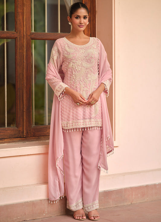 Georgette Baby Pink Party Wear Moti Work Readymade Salwar Suit 386168