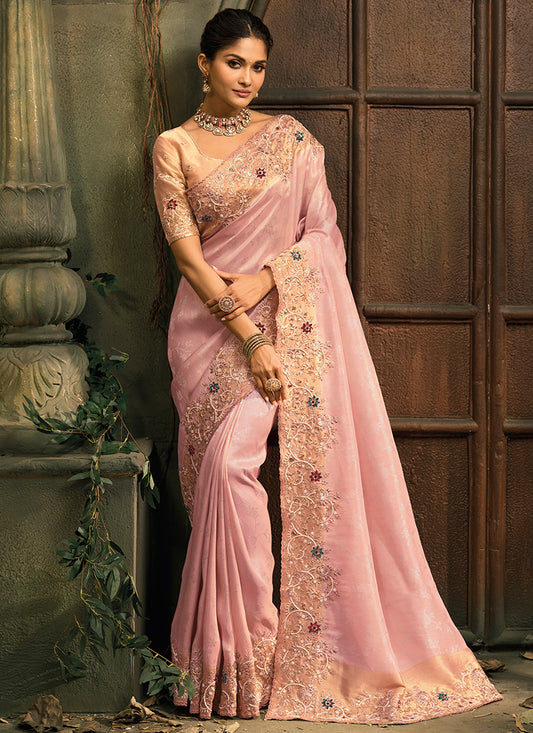 Baby Pink Giraffe Silk Embroidery Work Wedding Wear Wedding Saree SW348097