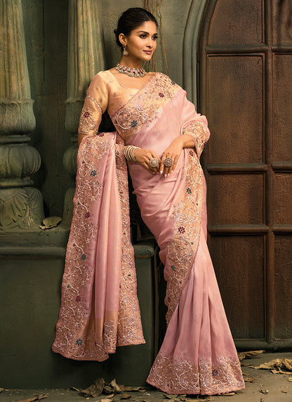 Baby Pink Giraffe Silk Embroidery Work Wedding Wear Wedding Saree SW348097
