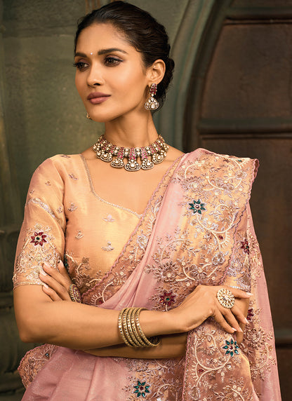 Baby Pink Giraffe Silk Embroidery Work Wedding Wear Wedding Saree SW348097