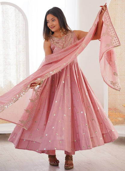 Roman Silk Baby Pink Festival Wear Sequins Work Readymade Anarkali Suit 388817