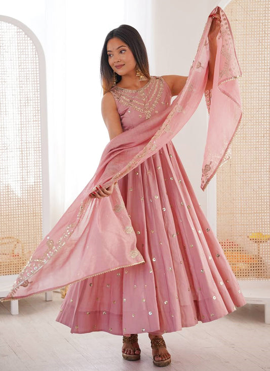 Roman Silk Baby Pink Festival Wear Sequins Work Readymade Anarkali Suit 388817