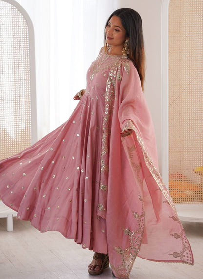 Roman Silk Baby Pink Festival Wear Sequins Work Readymade Anarkali Suit 388817