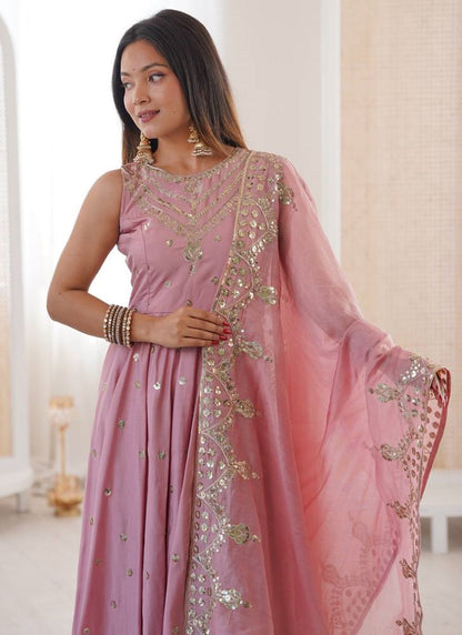 Roman Silk Baby Pink Festival Wear Sequins Work Readymade Anarkali Suit 388817