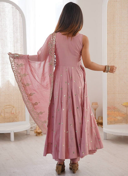 Roman Silk Baby Pink Festival Wear Sequins Work Readymade Anarkali Suit 388817