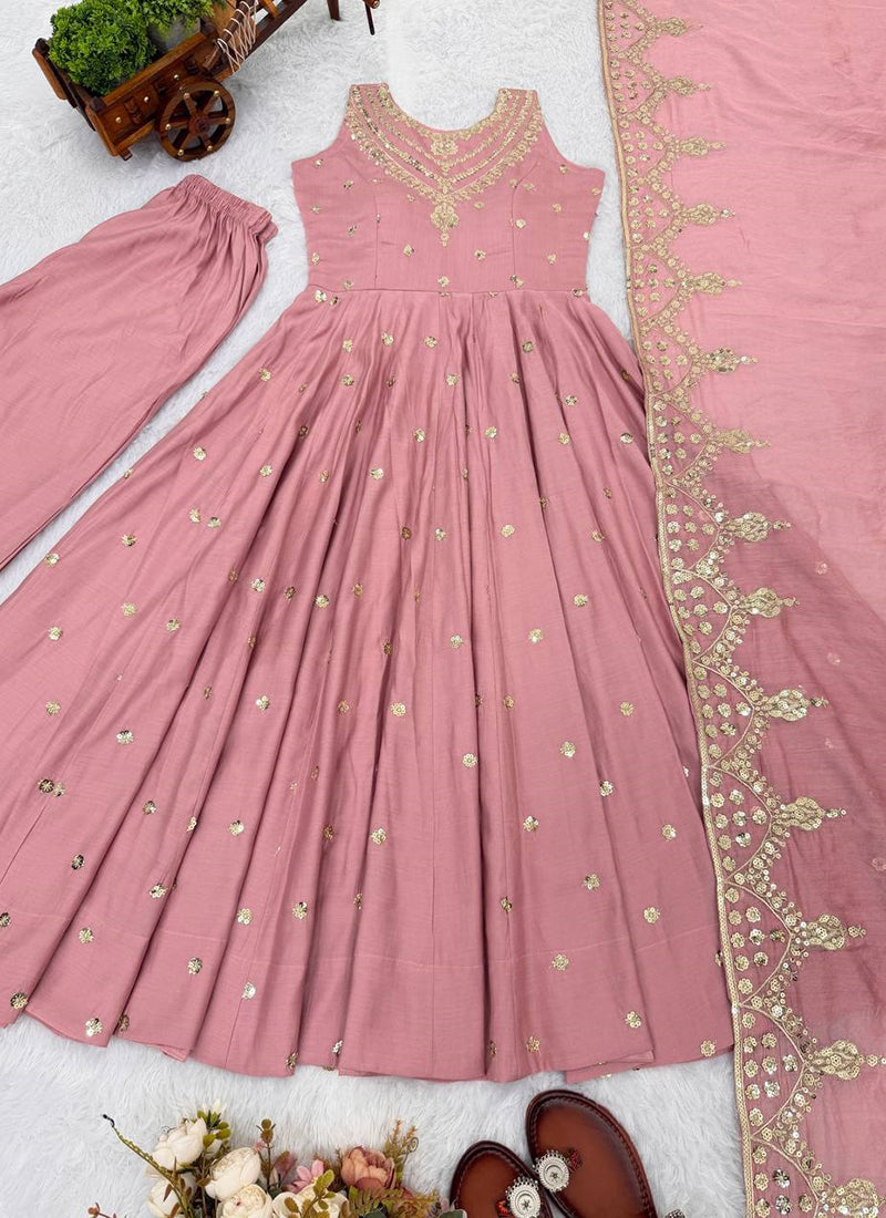 Roman Silk Baby Pink Festival Wear Sequins Work Readymade Anarkali Suit 388817