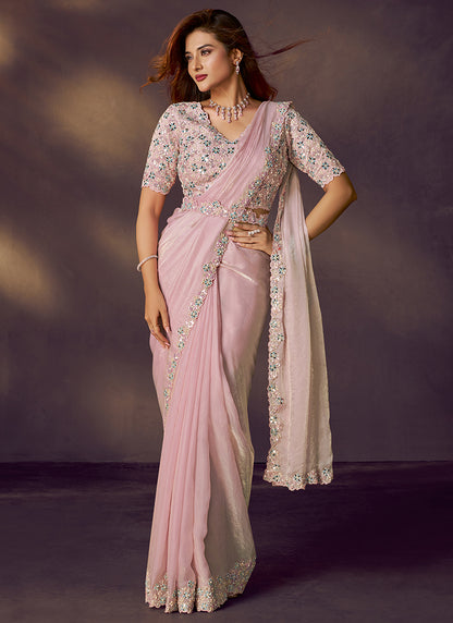 Satin Silk Baby Pink Wedding Wear Sequins Embroidery Ready To Wear Saree 386134