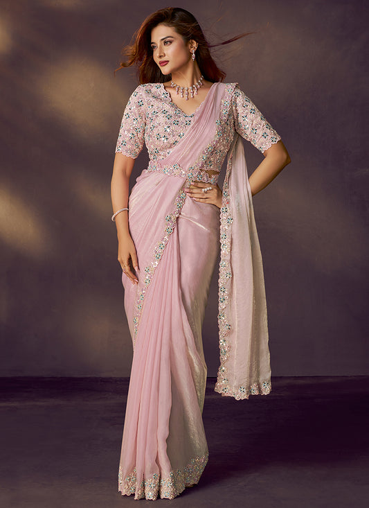 Satin Silk Baby Pink Wedding Wear Sequins Embroidery Ready To Wear Saree 386134