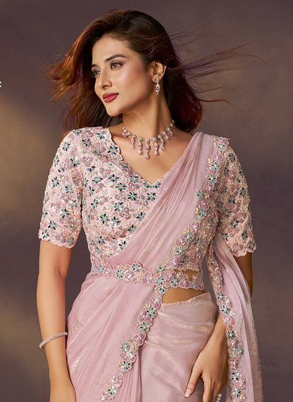Satin Silk Baby Pink Wedding Wear Sequins Embroidery Ready To Wear Saree 386134
