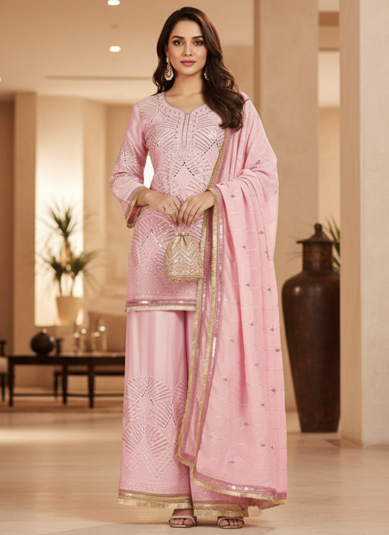 Baby Pink Silk Mirror Work Occasional Wear Readymade Plazzo Suit SW672014