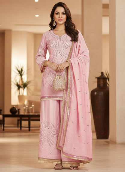 Baby Pink Silk Mirror Work Occasional Wear Readymade Plazzo Suit SW672014