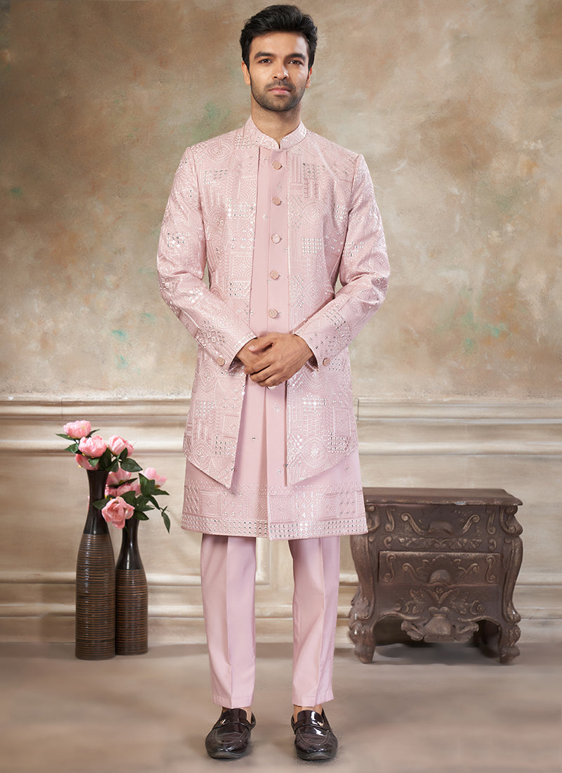 Silk Baby Pink Party Wear Embroidery Work Readymade Indo Western Suit 386321