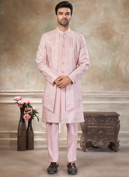 Silk Baby Pink Party Wear Embroidery Work Readymade Indo Western Suit 386321