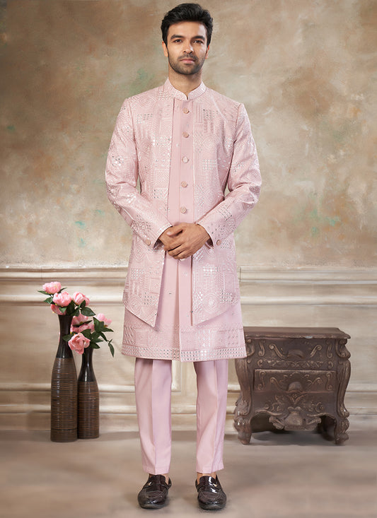 Silk Baby Pink Party Wear Embroidery Work Readymade Indo Western Suit 386321