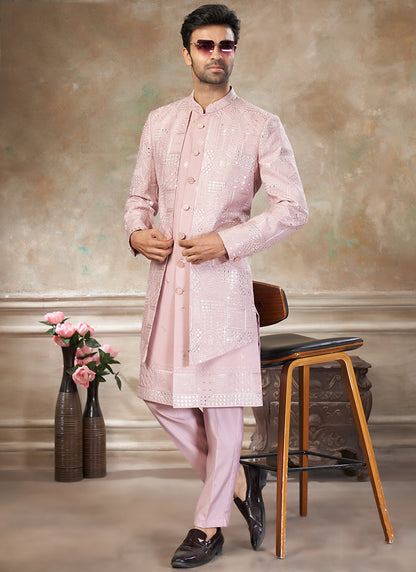 Silk Baby Pink Party Wear Embroidery Work Readymade Indo Western Suit 386321