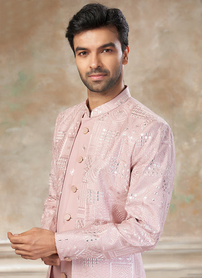 Silk Baby Pink Party Wear Embroidery Work Readymade Indo Western Suit 386321
