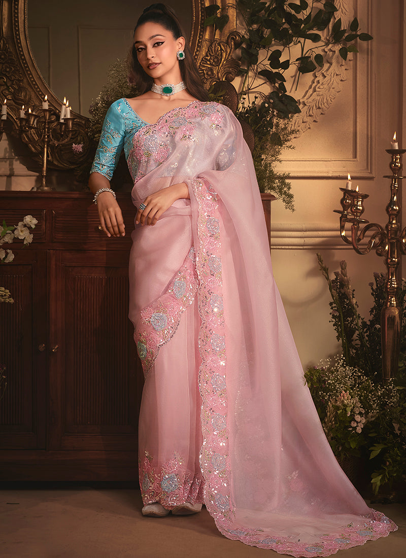 Tissue Organza Baby Pink Saree with Sequin Work for Wedding Wear 383993