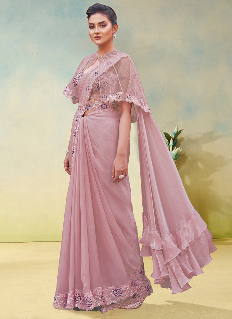 Baby Pink Two Tone Satin Silk Handwork Party Wear Ready To Wear Saree SW891219