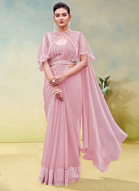 Baby Pink Two Tone Satin Silk Sequin Work Party Wear Ready To Wear Saree SW889877