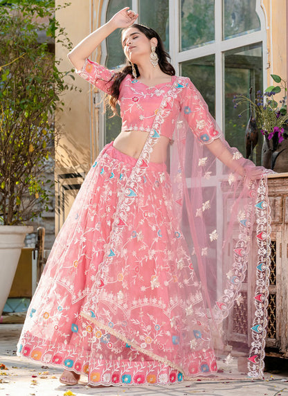 Baby Pink Soft Net Thread Embroidery Work Wedding Wear Lehenga Choli SW226821
