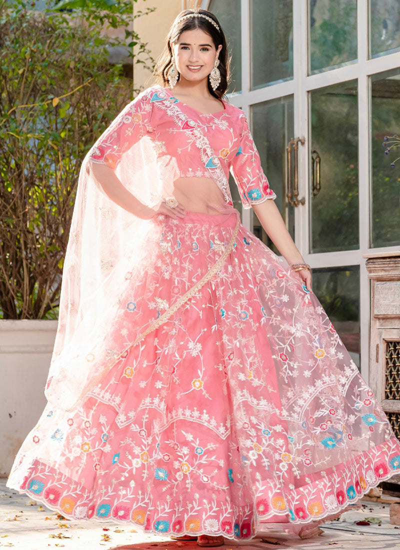 Baby Pink Soft Net Thread Embroidery Work Wedding Wear Lehenga Choli SW226821
